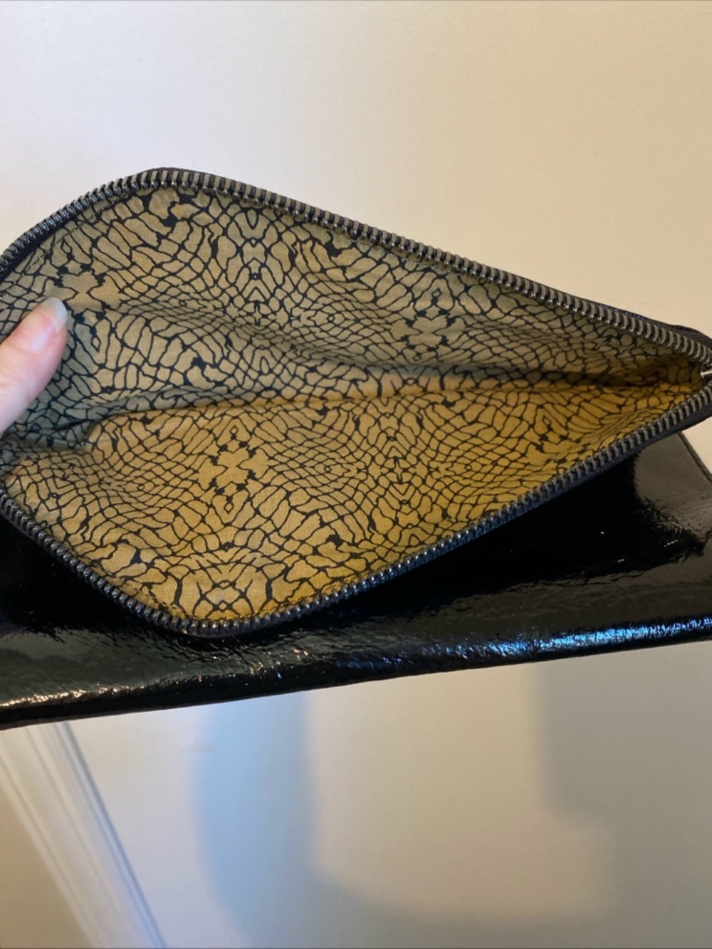 HOBO Black Patent Fold-Over Clutch with Diagonal Zip Magnetic Closure - Picture 14 of 15